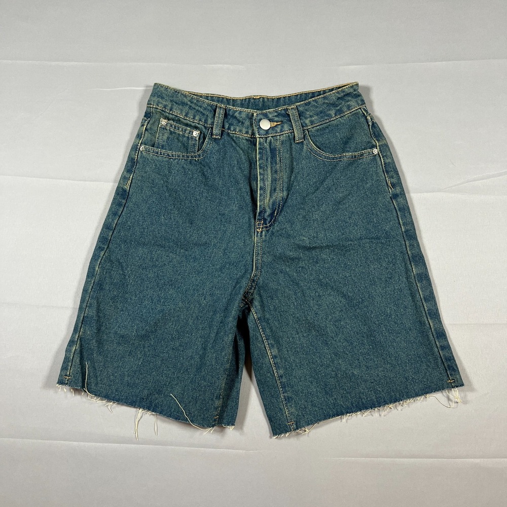 Dazy Bermuda Shorts Womens Small Blue Denim Non Stretch Medium Wash Fringe Hem